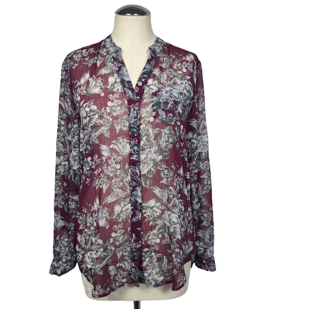 Kut From The Kloth Sheer Button Down Floral Long Sleeve Blouse S